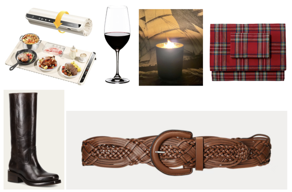 An assortment of gift ideas that includes plaid flannel sheets, a wooden wick candle, a wine glass, leather boots, a leather belt and a food warming tray.